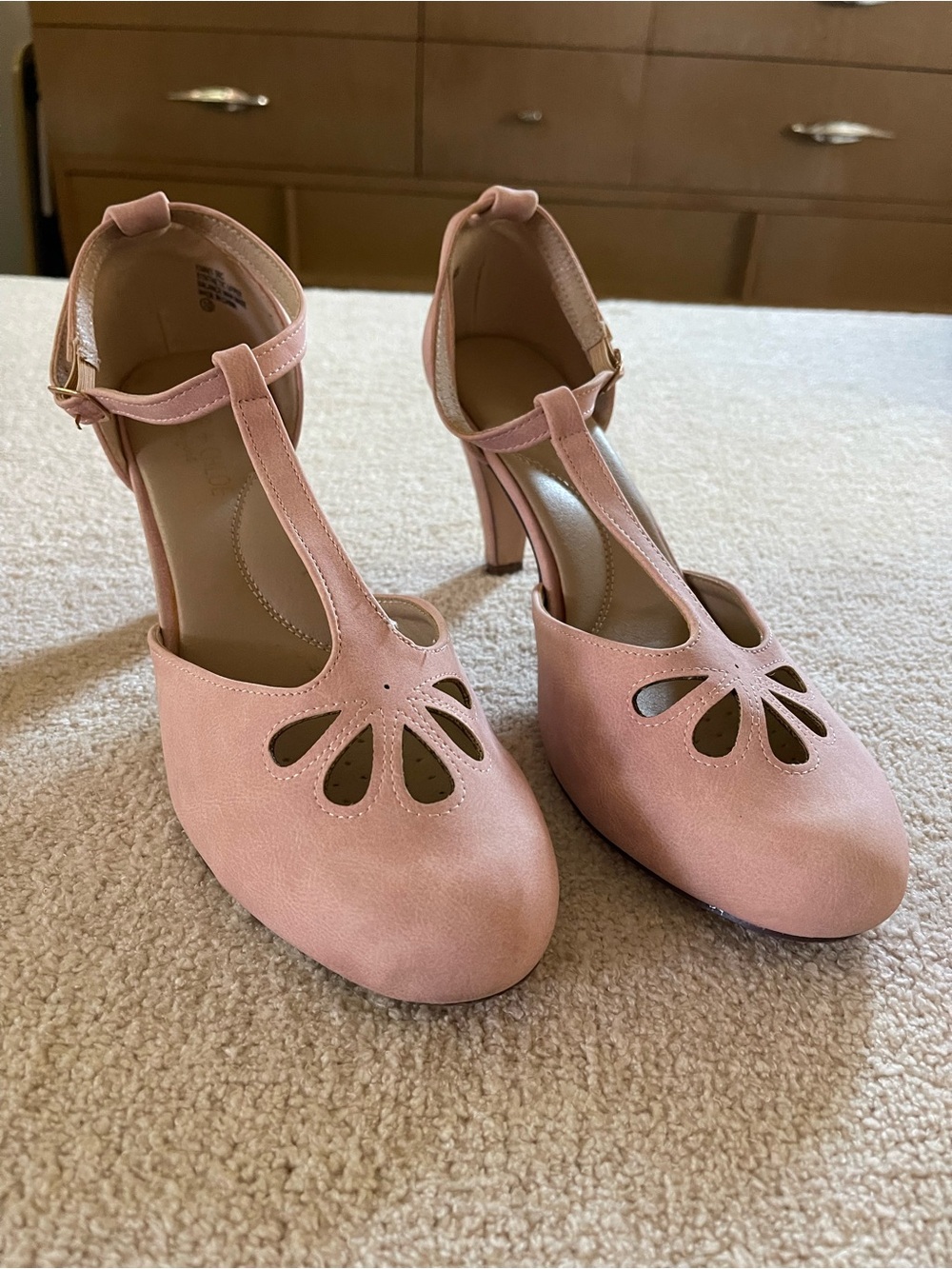 Chase + Chloe Dusty Pink T-Strap Heels with Petal Cutouts